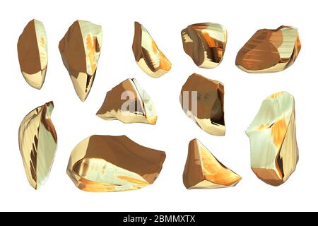 Collection of golden modern shattered nuggets, abstract geometric background. Wealth and Prosperity reach concept. 3d illustration isolated on white Stock Photo