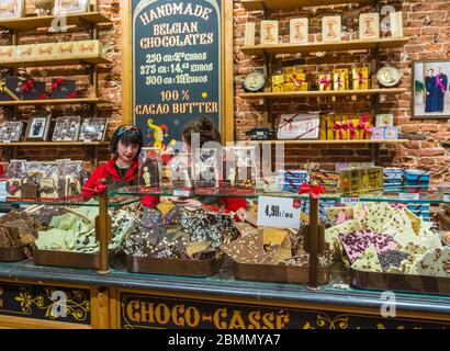 La Belgique Gourmande a luxury chocolate shop in Les Galeries Royales Saint-Hubert. Interior of the shop. Brussels, Belgium - December 2019 Stock Photo