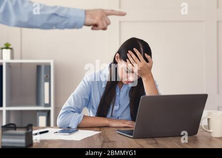 Businessman Firing Unhappy Employee Girl Pointing Finger At Office Door Stock Photo