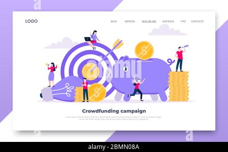 Crowdfunding landing web page concept of fundraising. Piggy bank with coins money currency, target and light bulb with tiny people characters flat sty Stock Vector