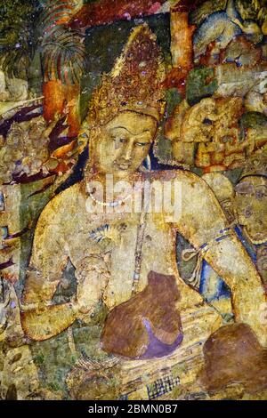 India, Maharashtra, Ajanta cave temple, Unesco World Heritage, cave N°1, Bodhisattva Padmapani painting Stock Photo