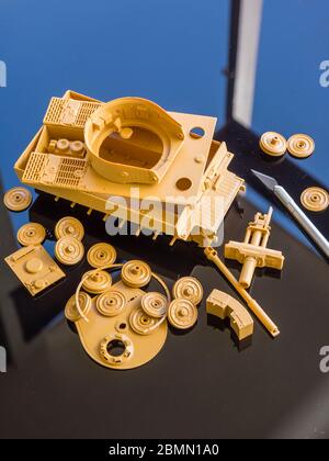 Unassembled plastic model kit Tiger in parts scale 1/35 German ww2 heavy tank armor Stock Photo