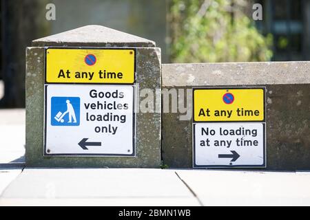 No goods vehicles loading at any time road sign Stock Photo