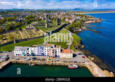 Aerial view of St Andrews harbour and skyline of the town in Fife, Scotland, UK Stock Photo