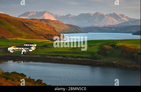 Gesto Farm and the Cuillin Hills at sunset Stock Photo