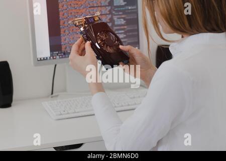 Electronics technology concept. Young woman online shopping gpu Graphics Proccesing Unit white background room Stock Photo