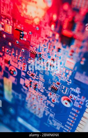 gpu Graphics Proccesing Unit white background on white background details macro blue red light chip Stock Photo