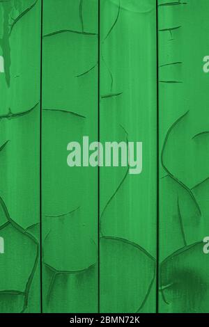 Vertical metal siding painted in bright green with cracks and erosion, old wall sheathing surface, textured effect. Background wallpaper backdrop text Stock Photo