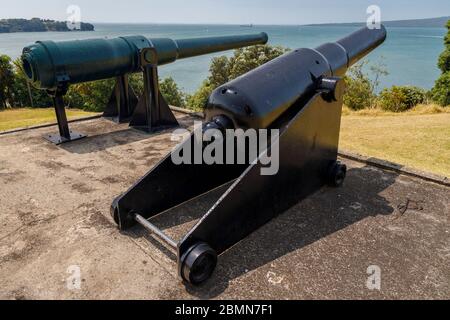 Disappearing Guns from Fort Bastion at Bastion Point, now located at Hauraki Gulf Maritime Park at Devonport, Auckland, New Zealand. Stock Photo