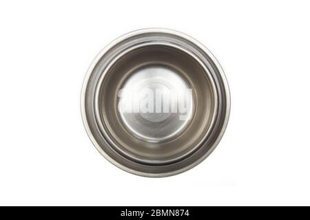 Empty metal pets bowl isolated on the white background Stock Photo