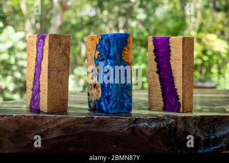 Casting epoxy resin burl wood on table art background, Nature wooden Stock Photo