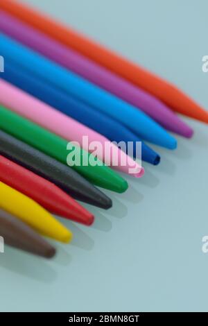 Macro details of lined up colorful wax crayons Stock Photo