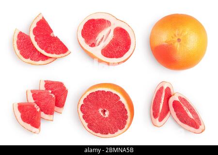 Grapefruit and slices isolated on white background. Top view. Flat lay. With clipping path and full depth of field, Set or collection Stock Photo
