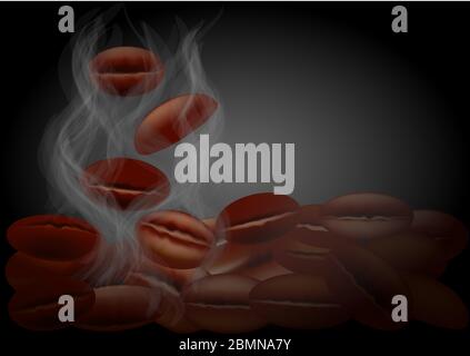 coffee beans and coffee steam on a dark background Stock Vector