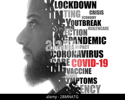 Coronavirus word cloud. Double exposure portrait. Stock Photo