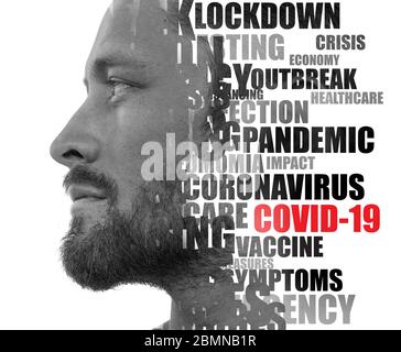 Coronavirus word cloud. Double exposure portrait. Stock Photo