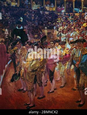 A parade of Bullfighters during the Paseillo (or salute) in Seville's bullring, painted in 1915 by the Spanish artist Joaquin Sorolla Y Bastida (1863-1923. Stock Photo