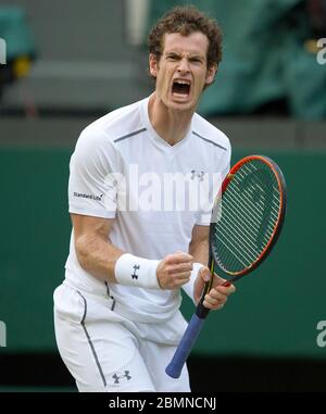 July 4th 2015, Wimbledon Championships, London. Mens singles third round, Centre Court, Andy Murray (GBR) celebrates against Andreas Seppi (ITA) Stock Photo