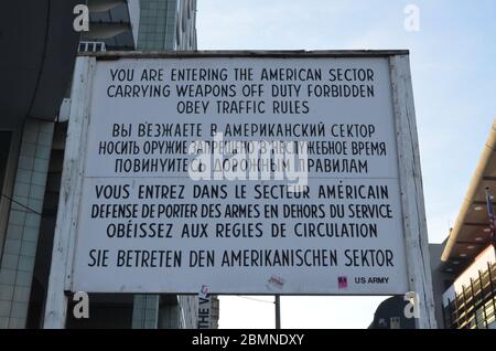 Information board for crossing the border between West Berlin and East Berlin during the Cold War Stock Photo