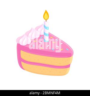 Cartoon birthday cake slice with candle, pink frosting and sprinkles. Happy Birthday greeting card design element. Isolated vector clip art illustrati Stock Vector