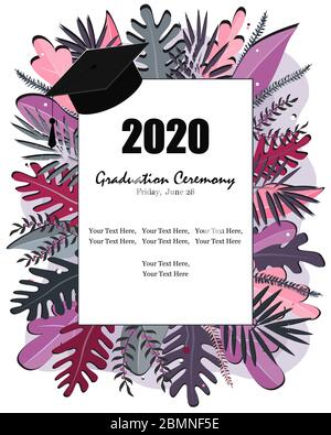 Graduate class of 2020, ceremony announcement banner. Cap and tropical leaves on a white background. Stylish Vector illustration, banner design Stock Vector