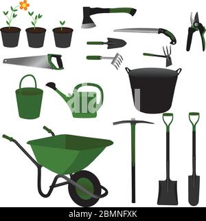 Gardening tools set collection with green color theme and objects Stock Vector