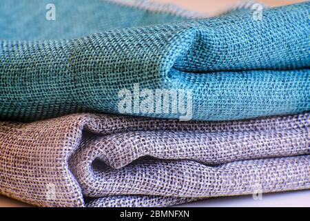 The texture of the fabric for a bag. Green and gray burlap Stock Photo