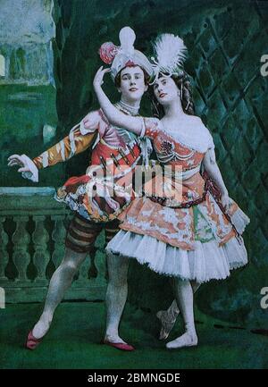 Russian dancers Vaslav Nijinsky (1889-1950), ballet dancer and choreographer cited as the greatest male dancer of the early 20th century and Anna Pavlova (1881-1931), a Russian prima ballerina of the late 19th and the early 20th centuries. From french paper 'Le Theatre', dated 1st May, 1909. Stock Photo