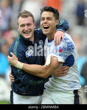 10th October 2015, Rugby World Cup, Pool B, Samoa v Scotland, St James Park, Newcastle. Scotland's Stuart Hogg and Sean Maitland celebrate after game. Stock Photo