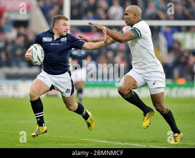 October 3rd 2015, RWC Pool B, South Africa v Scotland, St James park, Newcastle. Scotland's Duncan Weir is tackled by South Africa's J P Pietersen. Stock Photo