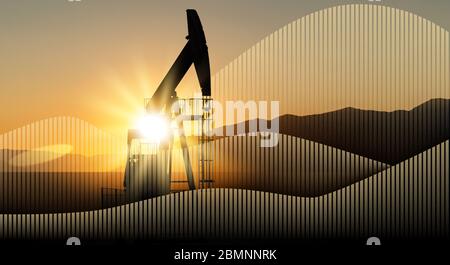 Oil rig at sunset on a background of mountains with symbol of market price dynamics Stock Photo