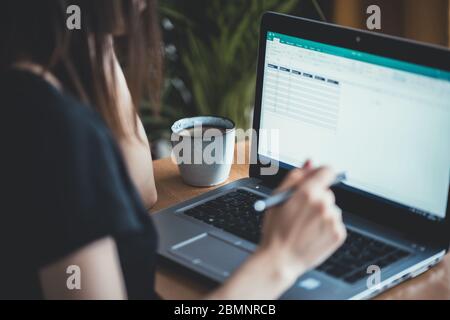 Side view of young professional female manager using laptop at her office, businesswoman working from home via portable computer. Focus on spreadsheet Stock Photo