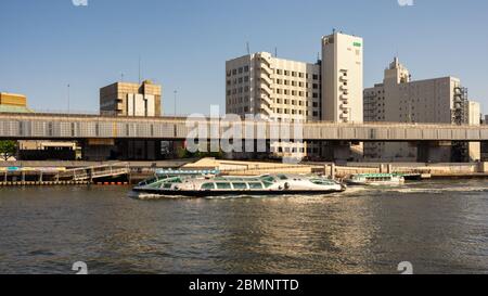 Tokyo / Japan - April 20, 2018: Himiko futuristic Tokyo cruise ship, with design inspired by a spaceship, on Sumida River in Asakusa, Tokyo, Japan Stock Photo