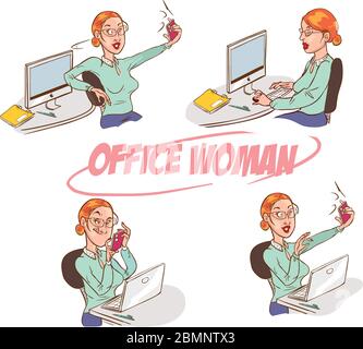 Girl taking selfie at the office. Vibrant color vector illustration. Stock Vector