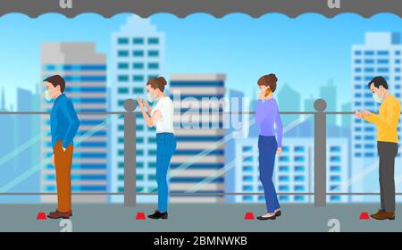 People queuing up to keep their distance while waiting for the sky train. Stock Photo