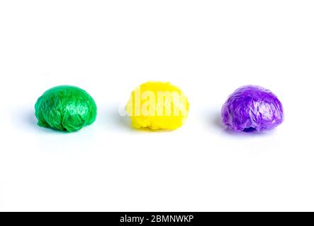 Balls from Multi-colored disposable plastic bags on white background. Concept ecologic, eco. Stock Photo