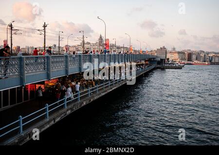 Istanbul, Turkey - 04 September 2019 : Crowds at Galata Bridge Stock Photo