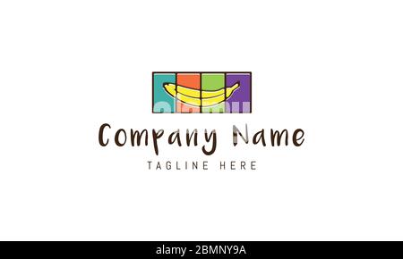 Vector logo on which an abstract image of a banana on the background of four colored rectangles. Stock Vector