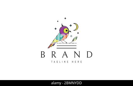 Vector logo on which an abstract image of a colored owl on a background of the moon and stars. Stock Vector