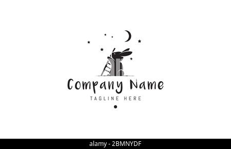 Vector logo on which an abstract image of a curious rabbit holding a ladder in the background of the moon and stars. Stock Vector
