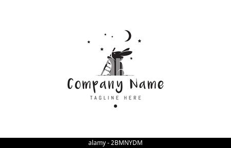 Vector logo on which an abstract image of a curious rabbit holding a ladder in the background of the moon and stars. Stock Vector