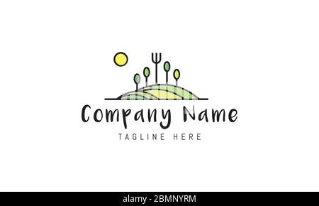 A vector logo on which an abstract image of meadows and trees in the form of spoons and forks represents biodegradable goods. Stock Vector