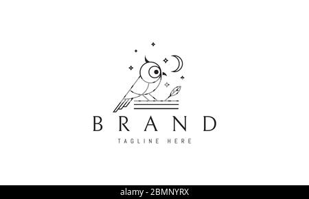 Vector logo on which an abstract image of an owl on a branch, against the background of the moon and stars. Stock Vector