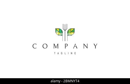 Vector logo on which an abstract image of a fork and two leaves on the sides, representing biodegradable goods. Stock Vector