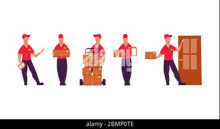 Delivery worker people illustration vector set with box service. Business man in uniform courier shipping job logistic. Cargo express character isolat Stock Vector