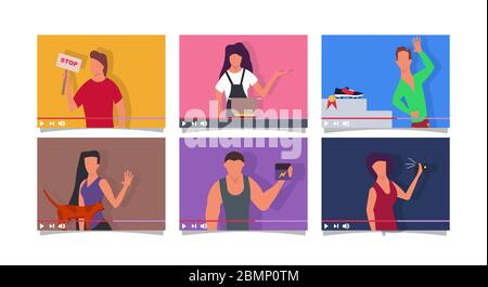 Blogger people on screen vlog vector flat illustration concept online video. Business internet communication social media. Digital network character m Stock Vector