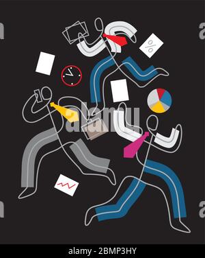 Deadline, chaos in Business, people in a hurry. Three business people in stress running around with papers, lineart stylized. Stock Vector