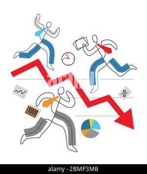 Decline arrow down, financial crisis concept, chaos in Business. Three business people in stress running around red market arrow. Lineart stylized. Stock Vector