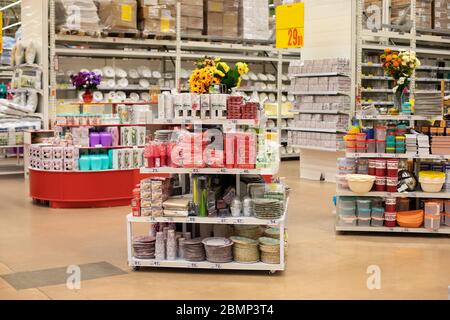 Moscow, Russia - February 29, 2020: Showcase of a hypermarket, household goods department, home decor tableware textiles. Empty supermarket ready to r Stock Photo