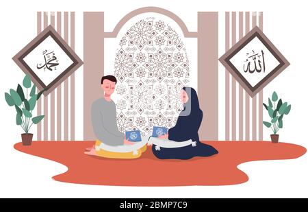 men and women read the Quran together in mosque during Ramadan. modern design vector illustration of muslim family activity Stock Vector